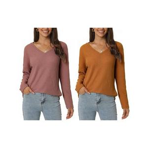 2 упаковки женских топов с вафельной вязкой, V-образным вырезом и длинным рукавом Inspire Chic, Brick Red Brown