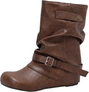 Женские элегантные повседневные ботинки с напуском, ботильоны на танкетке с круглым носком XIEPP, Brown