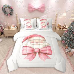 Erosebridal Комплект постельного белья Christmas Bow с розовыми бантами и мультяшным Санта-Клаусом, материал премиум-качества, Pale White Pink