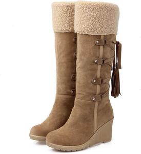 Женские зимние ботинки на танкетке с пушистым воротником, до колена, с полностью меховой подкладкой, теплые, с нескользящей подошвой, удобные, с бахромой, на шнуровке сзади, высокие RiceelSor, Yellow