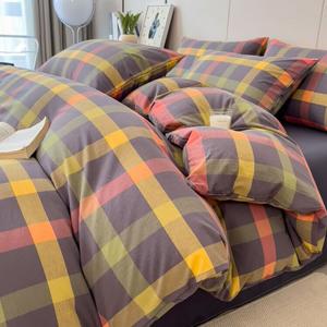 Yalu Комплект постельного белья 4 предмета, простыня 135 см, пододеяльник 180x200 см, серо-белая клетка, хлопок