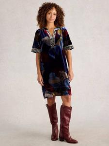 Прямое бархатное платье до колен с цветочным принтом June White Stuff