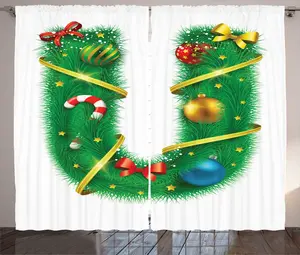 Штора ABAKUHAUS Рождественский алфавит в деревенском стиле, U-образная форма, универсальная, для гостиной, с петлями и крючками, 280 х 225 см, белая и зеленая Abakuhaus