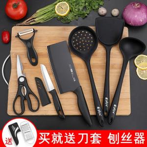 Plys Кухонный нож и разделочная доска, 2-в-1 набор с острым ножом и бамбуковой доской для дома, комплект с черным ножом, половником, ножницами, овощечисткой