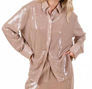 Блуза с пайетками оверсайз на пуговицах в цвете мокко GEEGEE, мокко