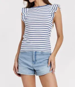 Топ Akiko с оборками на рукавах, в полоску, вырезом-лодочкой, в рубчик, темно-синий/белый Another Love