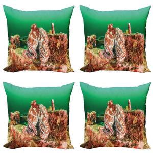 ABAKUHAUS Ocean Набор чехлов для подушек (4 предмета), «Осьминог в воде», современная двусторонняя цифровая печать, 45 см x 45 см, зеленый, коричневый, красный