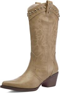 Женские ковбойские сапоги Tsrenlmln с классической вышивкой, слипоны с заостренным носком, массивным каблуком, ретро стиль, Apricot