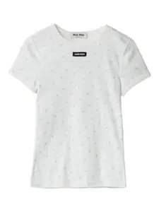 Футболка с цветочным узором и нашивкой-логотипом Miu Miu, белый