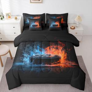 Erosebridal Комплект постельного белья Ice Hockey с тематикой хоккея, спортивный дизайн, Black Red Blue