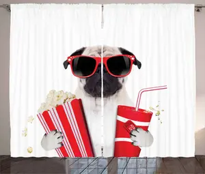 Штора ABAKUHAUS "Мопс" в деревенском стиле, "Посещение кинотеатра с собакой", присборенная штора из тесьмы для спальни с петлями и крючками, 280 x 245 см, цвет: кремовый, красный, черный