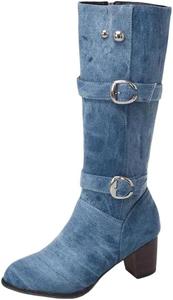 Женские джинсовые высокие ботинки на каблуке, модный стиль ковбоя с ремешком и пряжкой, длинные ботинки из джинсовой ткани для вечеринок Generic, 16