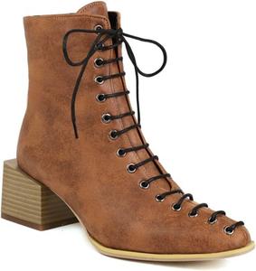 Женские модные ботильоны Aflngle с квадратным закрытым носком, змеиным принтом, шнуровкой спереди и низким массивным каблуком, Brown