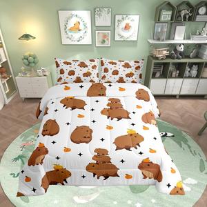 Erosebridal Комплект постельного белья Kids Capybaras с милыми капибарами, коричневый и белый дизайн, White