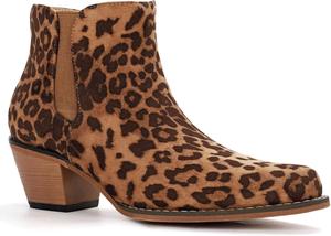 Женские короткие ковбойские ботинки на щиколотку, западные ковбойские ботильоны с вышивкой, массивный каблук, модный зауженный носок, повседневные ботинки WOKOOT, Cheetah Suede