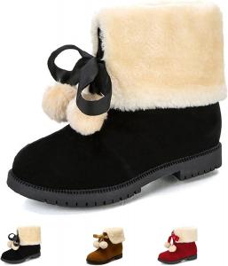 Женские теплые зимние ботинки с бантом, ретро-бант с меховым помпоном, утепленные осенне-зимние замшевые ботильоны HoukiG, Black