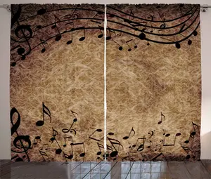 Штора ABAKUHAUS Music Rustic, ноты с листьями, монохромная, универсальная, для гостиной, с петлями и крючками, 280 x 175 см, цвет: черный, коричневый, желтый Abakuhaus
