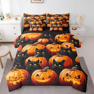 Erosebridal Комплект постельного белья Halloween Pumpkin Lights с тематическим принтом тыкв и черных кошек, включает пододеяльник, простыню и наволочки, Orange and Black