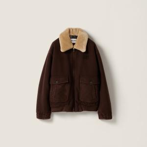 Блузон из окрашенной по готовому изделию шерсти с воротником из овчины MIU MIU, табак