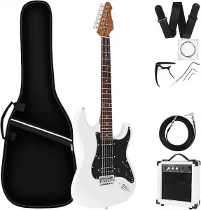 Unbranded Электрогитарный комплект полного размера 39 дюймов для начинающих с усилителем 10 Вт, сумкой, каподастром, ремнем через плечо, струнами, кабелем и медиаторами. (39" праворукая, белая)