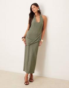 Платье миди с фактурной драпировкой и халтером цвета хаки Asos Design