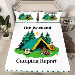 Erosebridal Комплект постельного белья Happy Camping с винтажным принтом в стиле ретро-кемпинг, White and Green