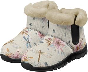 Женские зимние ботинки Jeiento Beauty Dragonfly с цветочным узором, пушистые, на щиколотку, для походов, с противоскользящей подошвой, Dragonfly Flower