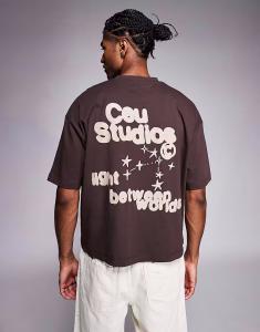 Футболка свободного кроя ASOS DESIGN с текстовым принтом спереди и сзади коричневого цвета