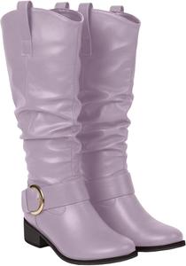 Модные женские сапоги до колена с пряжкой, удобные сапоги из искусственной кожи на невысоком каблуке, с широким голенищем, на молнии, тактические высокие сапоги для женщин Generic, Purple