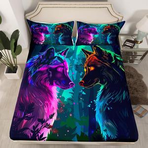 Erosebridal Бохо комплект постельного белья Wolf с градиентным принтом волка в стиле хиппи, дикая сафари и животные, акварельный граффити и горошек, Black Teal Pink