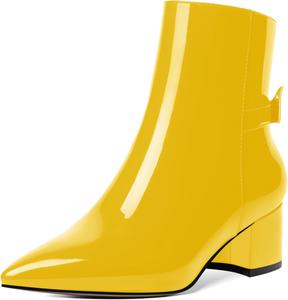 Женские ботильоны AMBELIGHT с молнией, с острым носком, повседневные, лакированные с бантом, на низком массивном каблуке, высотой до щиколотки, 5 см, Yellow