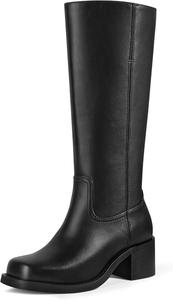 Женские ботфорты MUCCCUTE на высокую голень с широким голенищем, квадратным носком, грубой массивной стойкой и низким каблуком, длинные ботинки на носку, Black