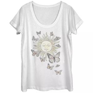 Футболка с рисунком «Медитационное солнце и бабочки» для юниоров с овальным вырезом
