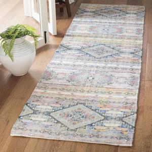 Ковер-дорожка SAFAVIEH, 69 x 244 см, Saffron Collection, Cream & Blue, ручной работы, бохо-шик, состаренный хлопок, идеально подходит для помещений с высокой проходимостью в гостиной, спальне (SFN567A)