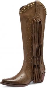 Женские западные сапоги Tsrenlmln, мода, заостренный носок, массивный каблук, заклепки, надевание, высокие до колена, с бахромой, Brown