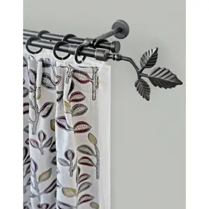 Карниз для штор RUSTIKA Ø 16 мм, двухрядный, длина по желанию; держатели; наконечники; монтажные материалы; соединительный элемент; кольца; крючки для колец, рустикальный комплект штор, удлиняемый, с кольцами, листовидные наконечники Garesa, графит