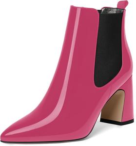 Женские повседневные деловые теплые ботильоны MODENCOCO с заостренным носком, лакированные, на эластичном блочном каблуке высотой 3,3 дюйма, Black Magenta