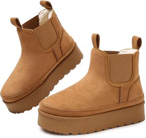 Платформенные ботильоны Chelsea для женщин: классические зимние ботинки с искусственным мехом, без застежки, противоскользящие, для улицы, короткие мини-ботинки 2025 Goldnut, Chestnut