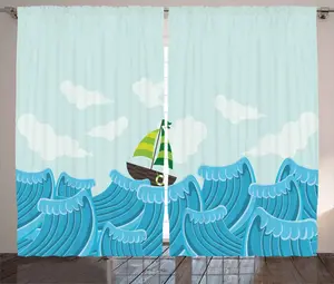 Штора ABAKUHAUS Ocean Rustic, парусник на море, присборенная тесьма для спальни с петлями и крючками, 280 x 245 см, нежно-голубой, небесно-голубой Abakuhaus