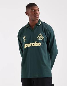 Свободное поло с длинными рукавами и принтом «Параисо» ASOS DESIGN темно-зеленого цвета