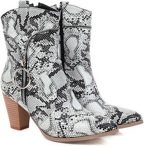 Женские ковбойские ботильоны MIOKE с острым носком, змеиным принтом, массивным высоким каблуком и боковой молнией в стиле Челси, White/Serpentine Print