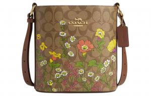 Подписная холщовая сумка-ведро через плечо Маленький размер Женская Золото и хаки Мультиколор COACH