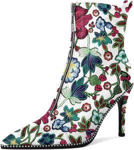 Женские модные ботильоны AUMOTED с заостренным носком, сексуальные на молнии, с украшением из бисера, вечеринка, вышивка, на высоком каблуке 3,7 дюйма, Matte Floral Embroidered