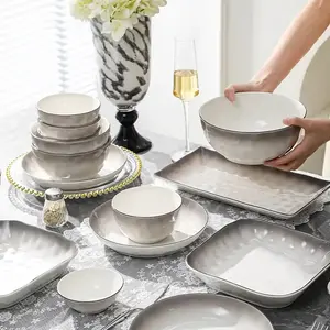 Ceramics Набор керамической посуды для дома, 2025 новая светлая роскошь керамические тарелки миски палочки, градиент серый (подарочная коробка), 23 предмета