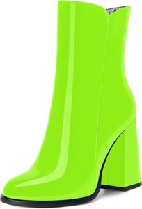 Женские ботильоны WAYDERNS на высоком каблуке 4 дюйма с круглым носком, молнией, однотонным дизайном, лаковой отделкой и модным стилем для свиданий, Lime Green
