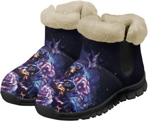 Зимние женские ботинки с теплой пушистой подкладкой, снежные ботинки на ходьбу, слипоны, ботильоны, с принтом собаки Chririnla, Flower Butterfly Dachshund Dog