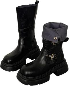 Женские ретро массивные сапоги средней длины - стильные и универсальные, противоскользящие и прочные, подходят для улицы и повседневного использования. Clolinde, Black
