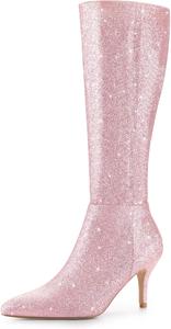 Женские сапоги Allegra K с блестками, заостренным носком, на шпильке до колена, Pink