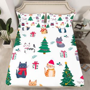 Erosebridal Комплект постельного белья Kawaii Little Cat с рождественским принтом котят, Green Grey Red White