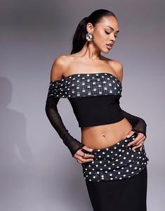 Эксклюзивный двухслойный облегающий топ с отворотом и длинными рукавами в горошек Kaiia, черный